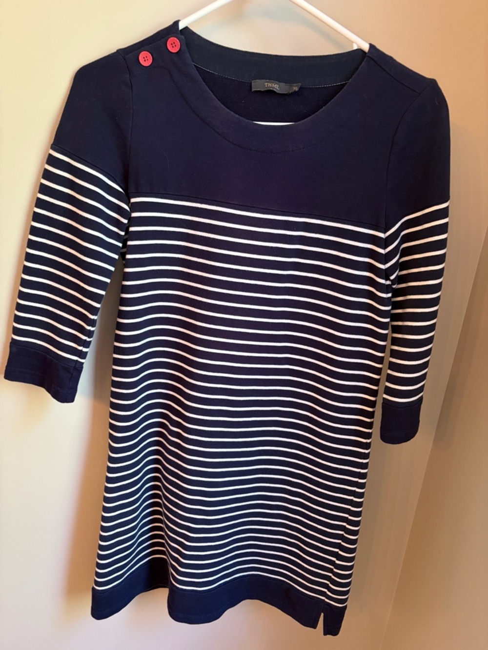 THML Navy & White Striped Boatneck Knit Midi Dress with Red Button Detail